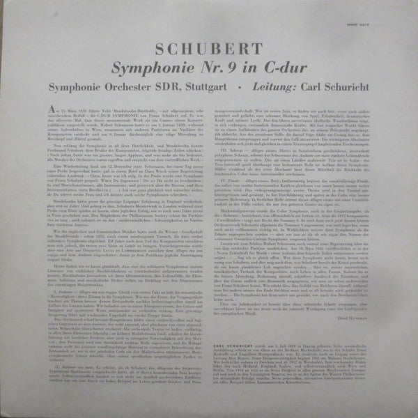 Franz Schubert, Sinfonie-Orchester Des Süddeutschen Rundfunks Leitung: Carl Schuricht : Symphonie Nr. 9 In C-dur (LP, Mono)