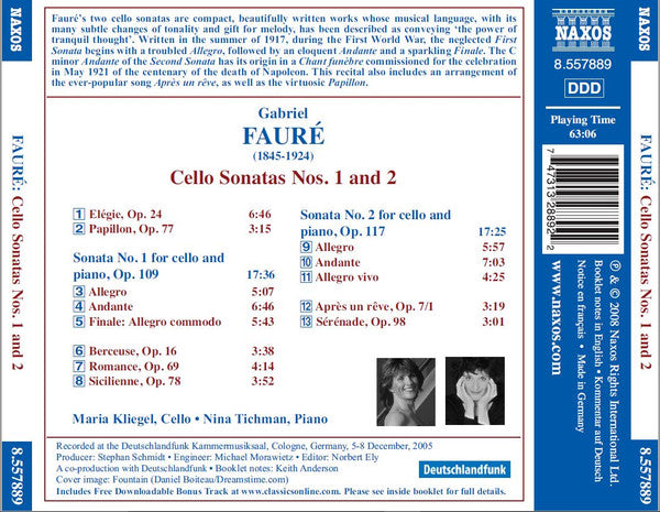 Gabriel Fauré, Maria Kliegel, Nina Tichman : Cello Sonatas Nos. 1 And 2 (CD)