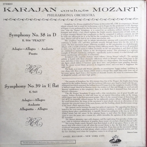 Herbert von Karajan, Wolfgang Amadeus Mozart, Philharmonia Orchestra : Symphonies No. 38 "Prague" • No. 39 In E Flat (LP, Album)