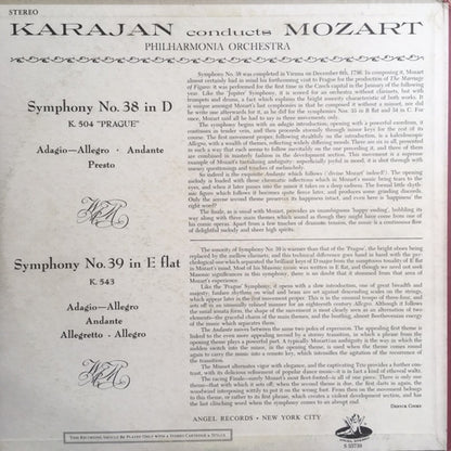 Herbert von Karajan, Wolfgang Amadeus Mozart, Philharmonia Orchestra : Symphonies No. 38 "Prague" • No. 39 In E Flat (LP, Album)