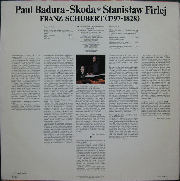 Franz Schubert, Paul Badura-Skoda, Stanisław Firlej : Sonata A-moll D.821 / "Grazer Fantasie" - Fantazja C-dur D.605 A Etc. (LP)