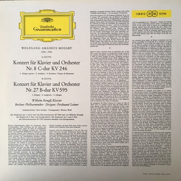 Wolfgang Amadeus Mozart, Wilhelm Kempff, Berliner Philharmoniker, Ferdinand Leitner : Klavierkonzerte C-Dur KV 246 - B-Dur KV 595 (LP, RP)