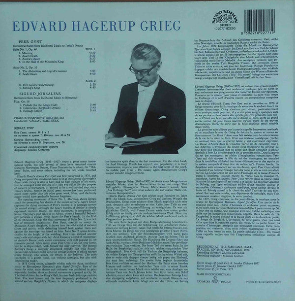 Edvard Grieg – The Prague Symphony Orchestra, Václav Smetáček : Peer Gynt / Sigurd Jorsalfar · Suites (LP, Album, RE)