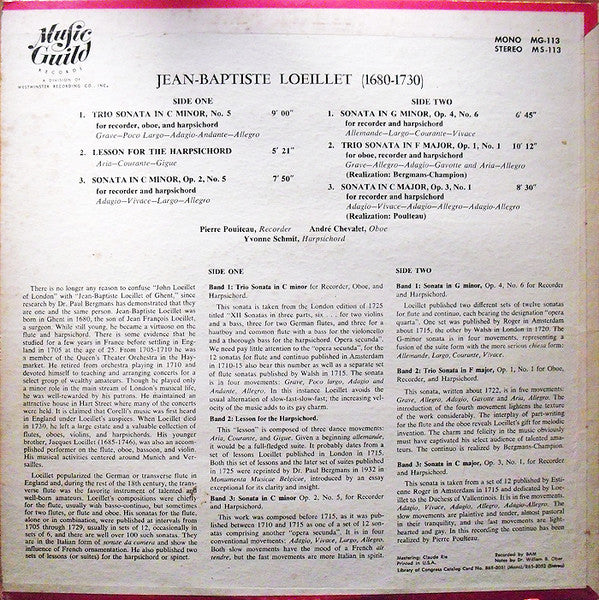 Jean-Baptiste Loeillet - Pierre Poulteau, André Chevalet, Yvonne Schmitt : Sonatas / Trios Sonatas / Lesson For The Harpsichord (LP, Mono)
