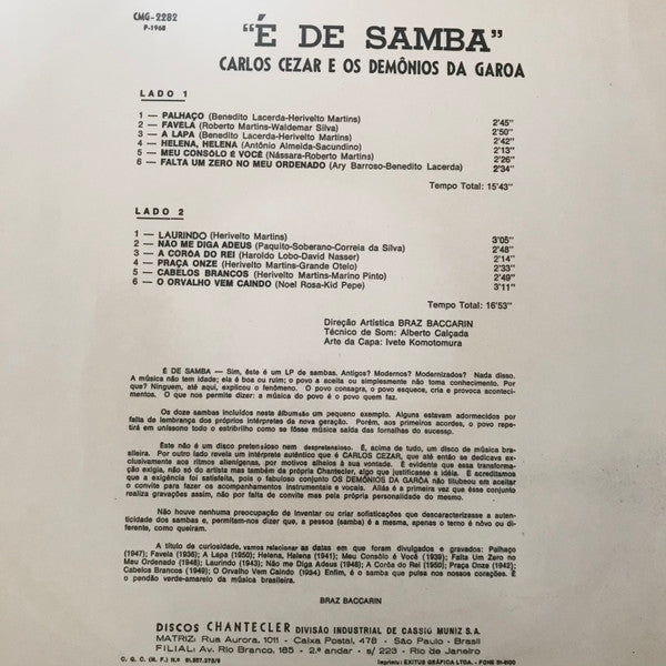 Carlos Cezar E Os Demônios Da Garoa : É De Samba (LP, Album)