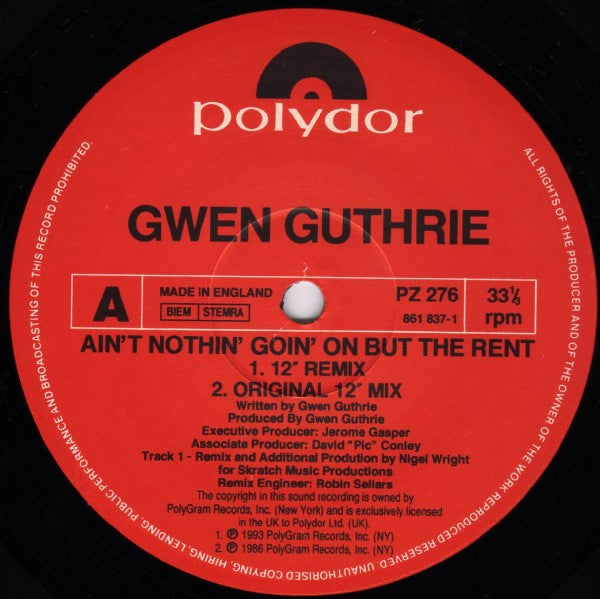 Gwen Guthrie : Ain't Nothin' Goin' On But The Rent (1993 Remix) (12", Single)