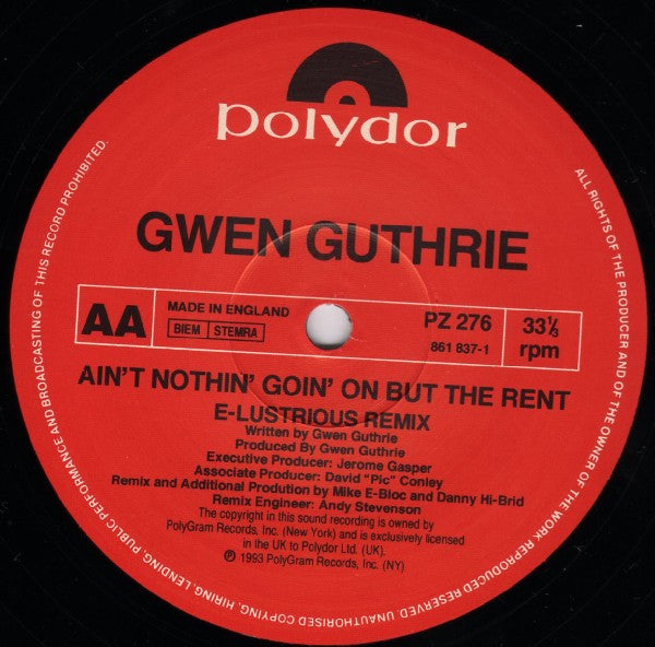 Gwen Guthrie : Ain't Nothin' Goin' On But The Rent (1993 Remix) (12", Single)