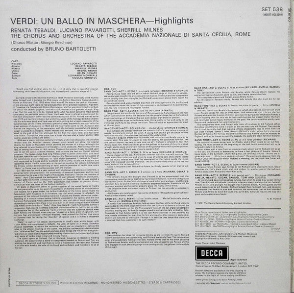 Giuseppe Verdi, Renata Tebaldi, Luciano Pavarotti, Sherrill Milnes, Orchestra dell'Accademia Nazionale di Santa Cecilia, Bruno Bartoletti : Un Ballo In Maschera - Highlights (LP)