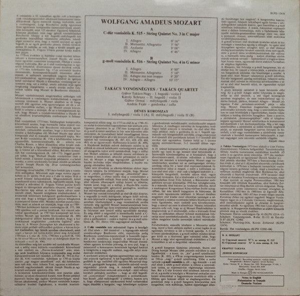 Wolfgang Amadeus Mozart, Takács Quartet, Denes Koromzay : String Quintets In C Major K515 / In G Minor K 516 (LP)