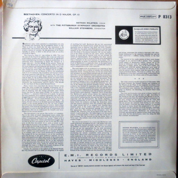 Ludwig van Beethoven : Nathan Milstein with Pittsburgh Symphony Orchestra conducted by William Steinberg : Concerto In D Major For Violin And Orchestra, Op  61 (LP, Mono)