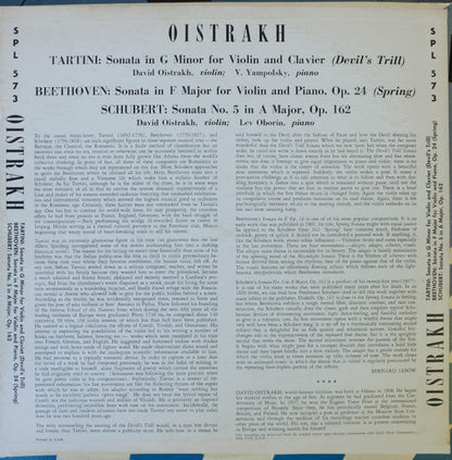 David Oistrach, Vladimir Yampolsky, Lev Oborin - Giuseppe Tartini, Ludwig van Beethoven, Franz Schubert : Tartini: Sonata in G Minor ("Devil's Trill"), Beethoven: Sonata in F Major Op. 24 (Spring), Schubert: Sonata No.5 in A Major, Op.162 (LP)