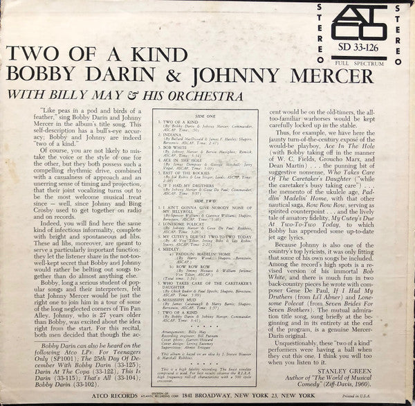 Bobby Darin & Johnny Mercer With Billy May And His Orchestra : Two Of A Kind (LP, Album)