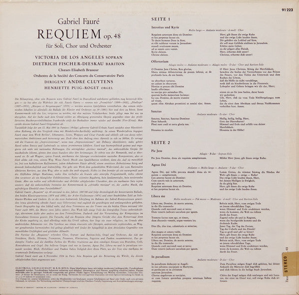 Gabriel Fauré – Victoria De Los Angeles, Dietrich Fischer-Dieskau, Choeurs Elisabeth Brasseur, Henriette Puig-Roget, Orchestre De La Société Des Concerts Du Conservatoire, André Cluytens : Requiem (LP)