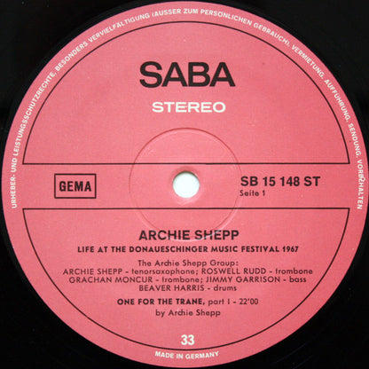 Archie Shepp : Life At The Donaueschingen Music Festival (LP, Album)