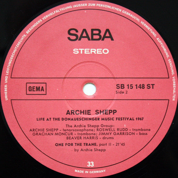 Archie Shepp : Life At The Donaueschingen Music Festival (LP, Album)