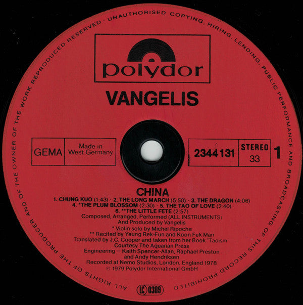 Vangelis : China = 中國 (LP, Album, RE, Gat)