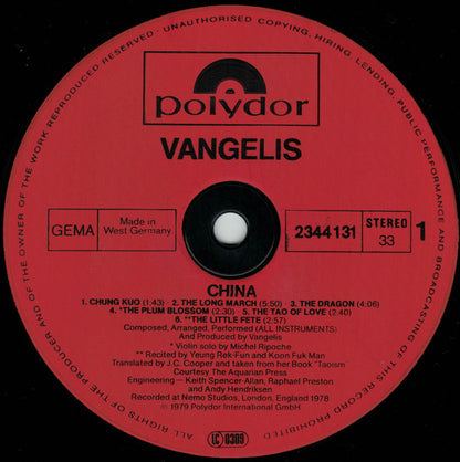 Vangelis : China = 中國 (LP, Album, RE, Gat)