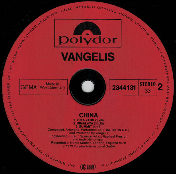 Vangelis : China = 中國 (LP, Album, RE, Gat)