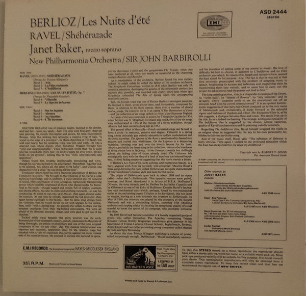 Maurice Ravel / Hector Berlioz – Janet Baker, Sir John Barbirolli, New Philharmonia Orchestra : Shéhérazade / Les Nuits D'Été (LP, RP)