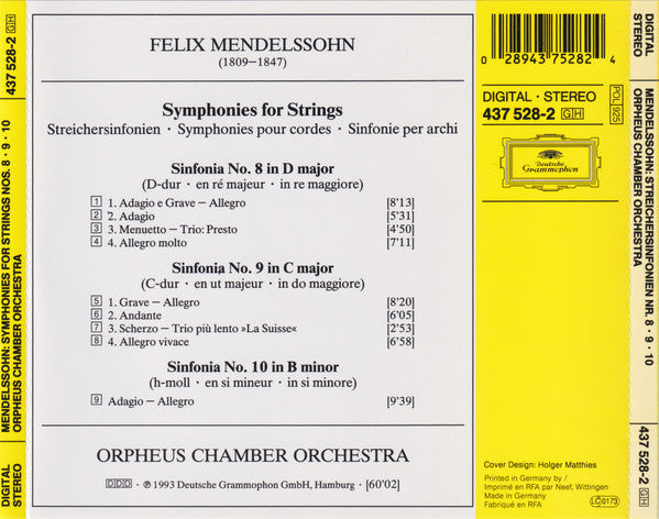 Felix Mendelssohn-Bartholdy, Orpheus Chamber Orchestra : Symphonies For Strings Nos. 8 • 9 • 10 (CD, Album)