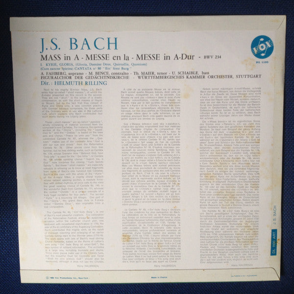 Württembergisches Kammerorchester : J.S. Bach Mass In A - Messe En La - Messa In A-Dur (LP, Album)