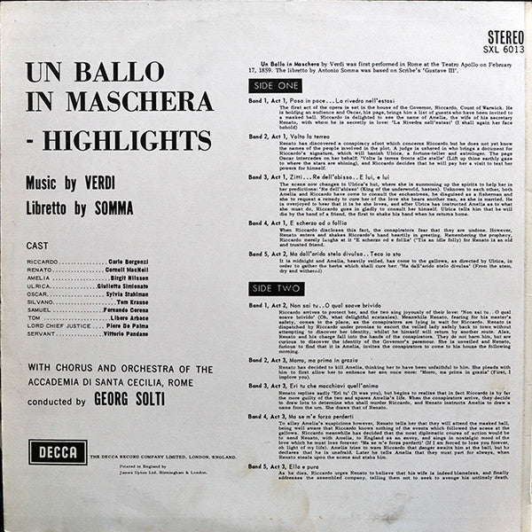 Birgit Nilsson, Carlo Bergonzi, Cornell Macneil, Giulietta Simionato, Sylvia Stahlman, Georg Solti Conducting Coro dell'Accademia Nazionale di Santa Cecilia & Orchestra dell'Accademia Nazionale di Santa Cecilia : A Masked Ball = Un Ballo In Maschera - Highlights (LP, Album, RP)