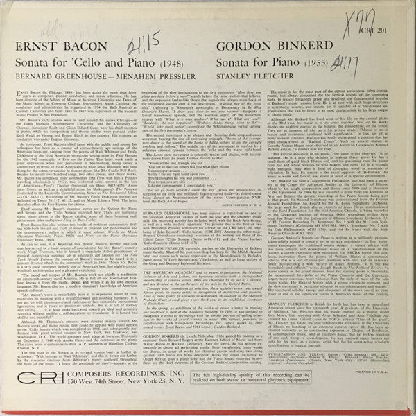 Gordon Binkerd, Stanley Fletcher / Ernst Bacon, Bernard Greenhouse, Menahem Pressler : Sonata For Piano (1955) / Sonata For 'Cello And Piano (1948) (LP, Mono)