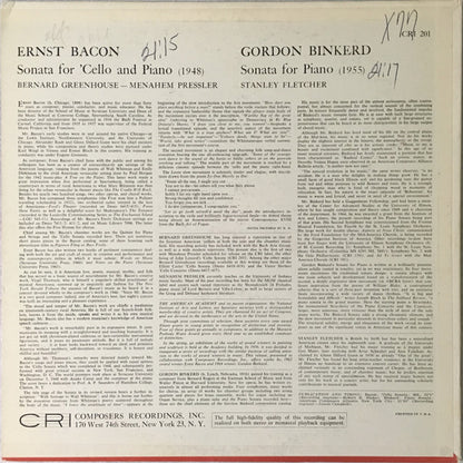 Gordon Binkerd, Stanley Fletcher / Ernst Bacon, Bernard Greenhouse, Menahem Pressler : Sonata For Piano (1955) / Sonata For 'Cello And Piano (1948) (LP, Mono)