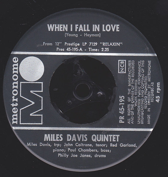 The Miles Davis Quintet : When I Fall In Love / I Could Write A Book (7")