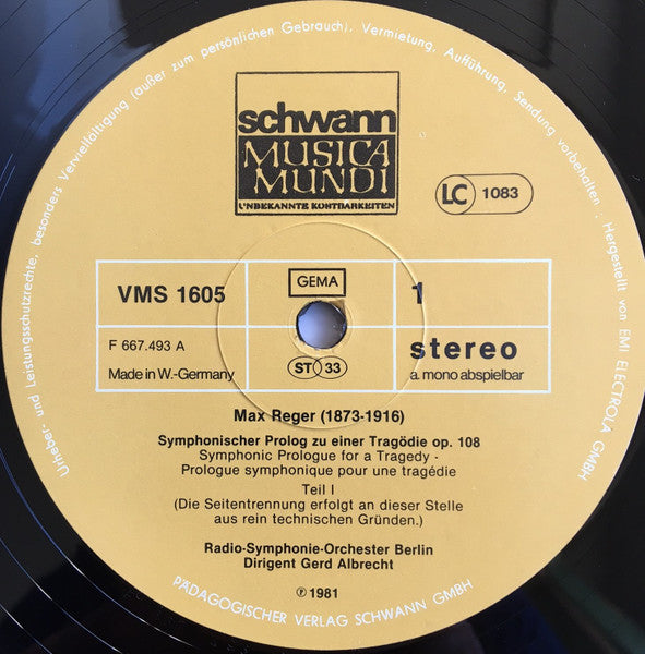 Max Reger, Radio-Symphonie-Orchester Berlin, Gerd Albrecht : Symphonischer Prolog Zu Einer Tragödie Op. 108 (LP)