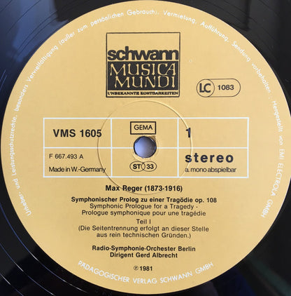 Max Reger, Radio-Symphonie-Orchester Berlin, Gerd Albrecht : Symphonischer Prolog Zu Einer Tragödie Op. 108 (LP)
