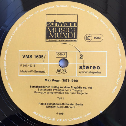 Max Reger, Radio-Symphonie-Orchester Berlin, Gerd Albrecht : Symphonischer Prolog Zu Einer Tragödie Op. 108 (LP)