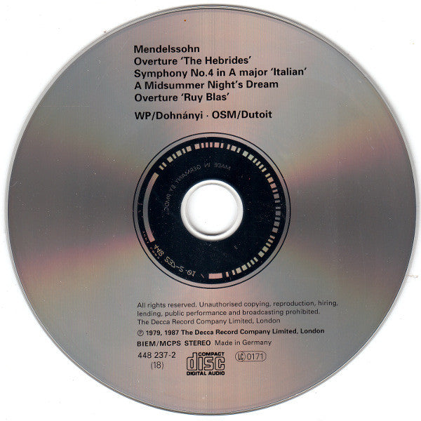 Felix Mendelssohn-Bartholdy | Christoph von Dohnányi • Charles Dutoit : Symphony No.4 'Italian' | A Midsummer Night's Dream | Fingal's Cave • Ruy Blas (CD, Comp)