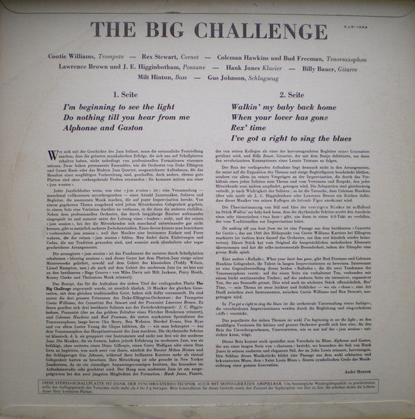 Cootie Williams, Rex Stewart • Coleman Hawkins, Bud Freeman • Lawrence Brown, J.C. Higginbotham • Hank Jones, Billy Bauer • Milt Hinton, Gus Johnson : The Big Challenge (LP, Album)