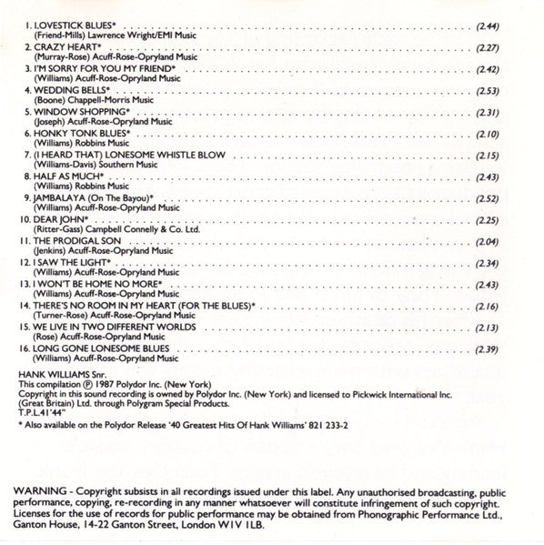 Hank Williams : The Very Best Of Hank Williams Snr (CD, Comp)