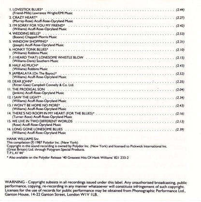 Hank Williams : The Very Best Of Hank Williams Snr (CD, Comp)