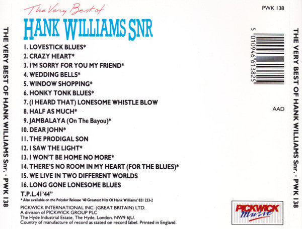 Hank Williams : The Very Best Of Hank Williams Snr (CD, Comp)
