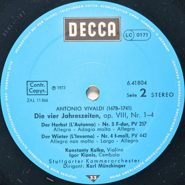 Antonio Vivaldi, Stuttgarter Kammerorchester, Karl Münchinger : Die Vier Jahreszeiten (LP, RE)