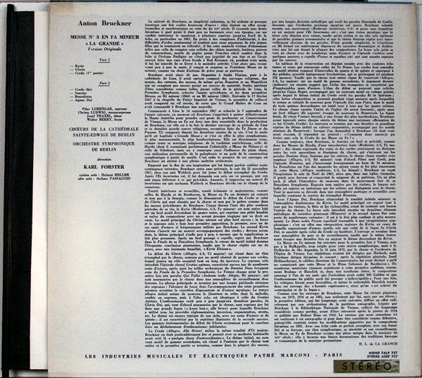 Anton Bruckner, Pilar Lorengar · Christa Ludwig · Josef Traxel · Walter Berry, Chor Der St. Hedwigs-Kathedrale Berlin, Berliner Symphoniker, Karl Forster : Messe No 3 En Fa Mineur (LP, Album, RE)