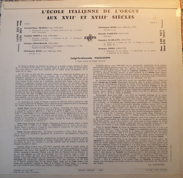 Giovanni Maria Trabaci, Tarquinio Merula, Girolamo Frescobaldi, Michelangelo Rossi, Bernardo Pasquini, Domenico Scarlatti, Domenico Zipoli ,  Luigi Ferdinando Tagliavini : L Ecole Italienne De L Orgue Au 17eme Et 18eme Siecles (LP)