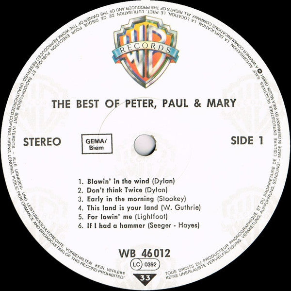 Peter, Paul & Mary : The Best Of Peter, Paul And Mary (LP, Comp, RE)