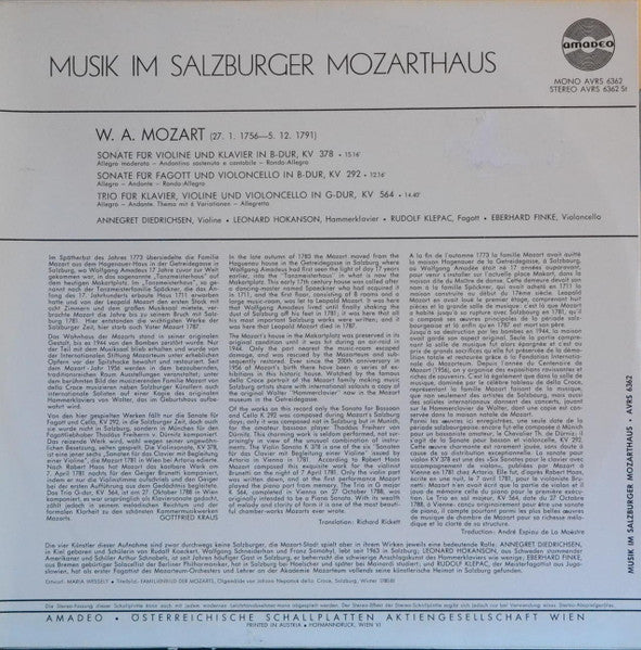 Wolfgang Amadeus Mozart, Rudolf Klepač, Eberhard Finke, Annegret Diedrichsen, Leonard Hokanson : Musik Im Salzburger Mozarthaus (LP)