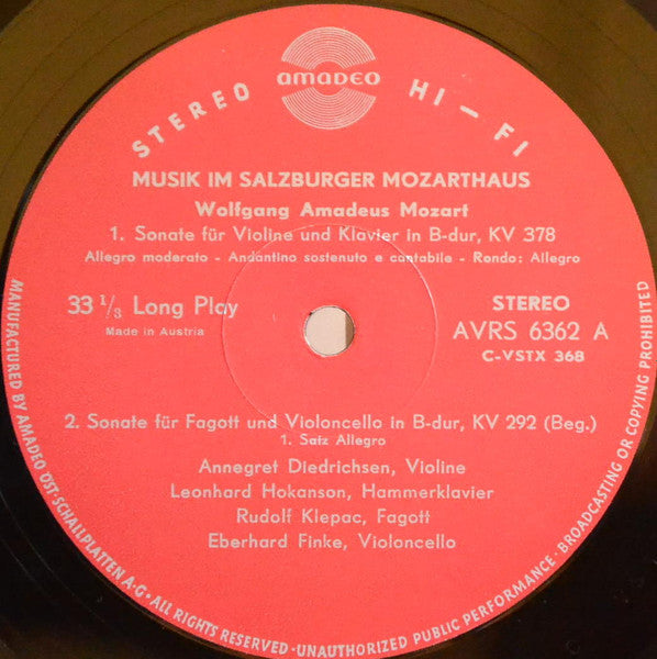 Wolfgang Amadeus Mozart, Rudolf Klepač, Eberhard Finke, Annegret Diedrichsen, Leonard Hokanson : Musik Im Salzburger Mozarthaus (LP)