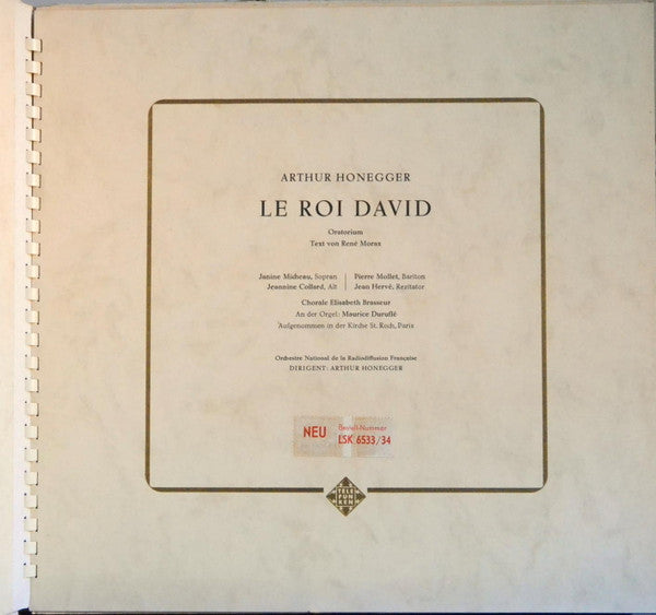 Arthur Honegger - Orchestre National De France, Janine Micheau, Jeannine Collard, Pierre Mollet, Jean Hervé : Le Roi David (2xLP, Mono)