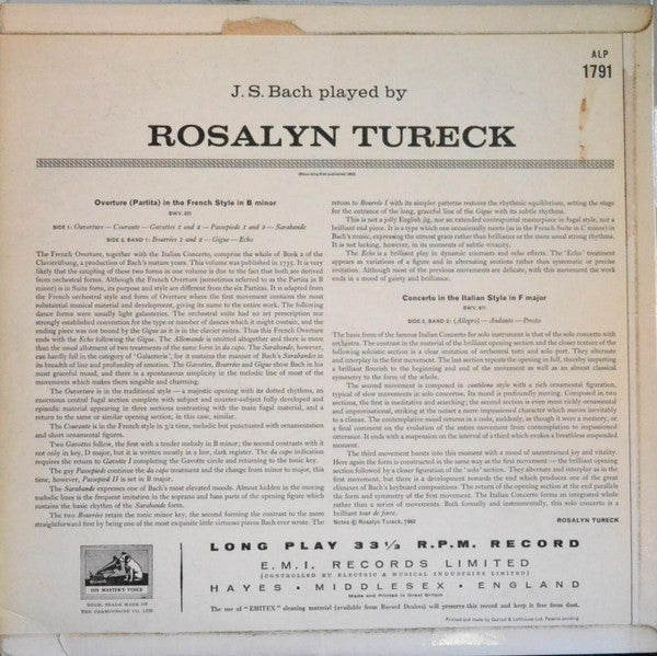 Johann Sebastian Bach, Rosalyn Tureck : Music By J. S. Bach: Overture In The French Style In B Minor; Concerto In The Italian Style In F Major (LP, Mono,  )