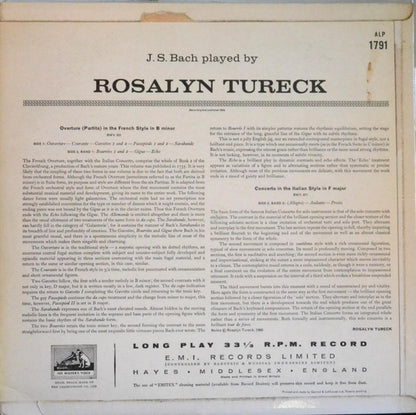 Johann Sebastian Bach, Rosalyn Tureck : Music By J. S. Bach: Overture In The French Style In B Minor; Concerto In The Italian Style In F Major (LP, Mono,  )