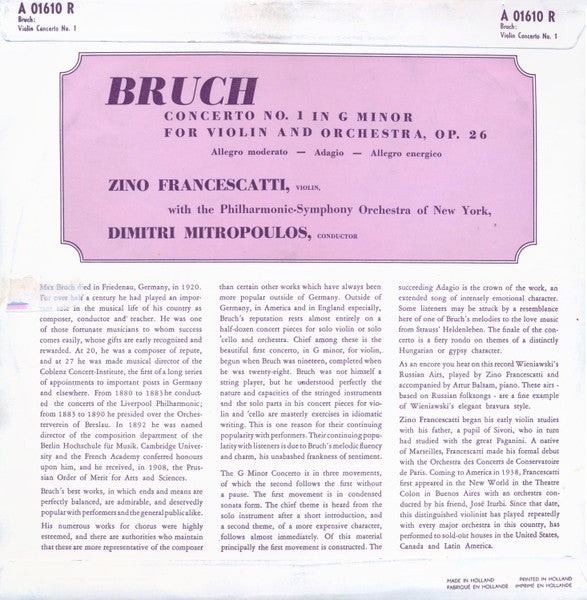 Max Bruch, Zino Francescatti, Philharmonic-Symphony Orchestra Of New York, Dimitri Mitropoulos : Concerto For Violin And Orchestra No. 1 In G Minor Op. 26 | Russian Airs (Souvenir De Moscou Op. 6) (10", Album, Mono)