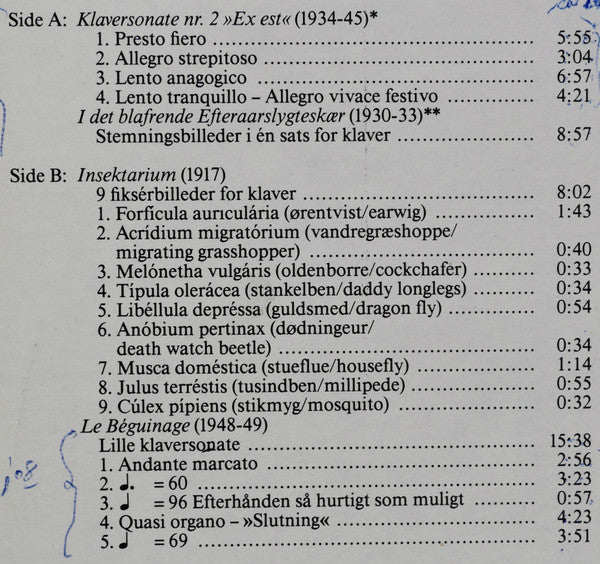 Rued Langgaard / Teddy Teirup : Piano Sonata No. 2 ("Ex Est"), I Det Blafrende Efteraarslygteskær, Insektarium, Le Béguinage (LP)