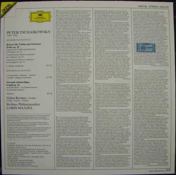 Pyotr Ilyich Tchaikovsky, Gidon Kremer, Berliner Philharmoniker, Lorin Maazel : Violinkonzert • Violin Concerto • Sérénade Mélancolique (LP)