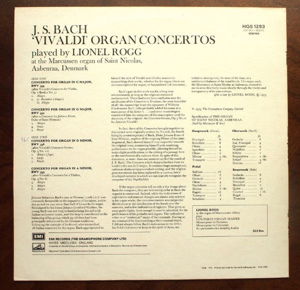 Johann Sebastian Bach, Lionel Rogg : 'Vivaldi' Organ  Concertos (LP)